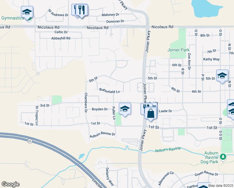 map of restaurants, bars, coffee shops, grocery stores, and more near 2077 Butterfield Lane in Lincoln