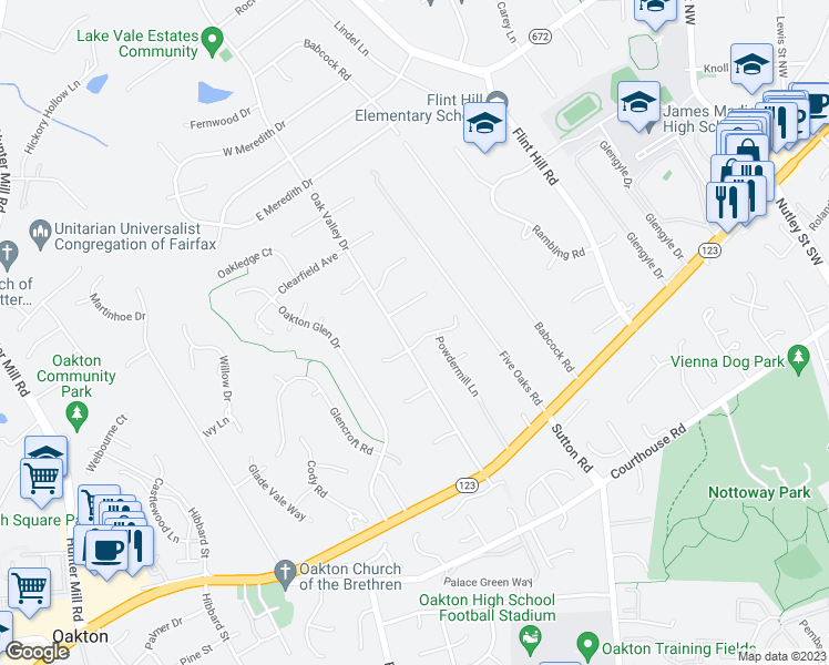 map of restaurants, bars, coffee shops, grocery stores, and more near 9912 Rustic Rail Lane in Vienna
