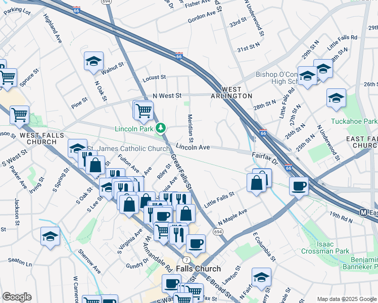 map of restaurants, bars, coffee shops, grocery stores, and more near 421 Lincoln Avenue in Falls Church