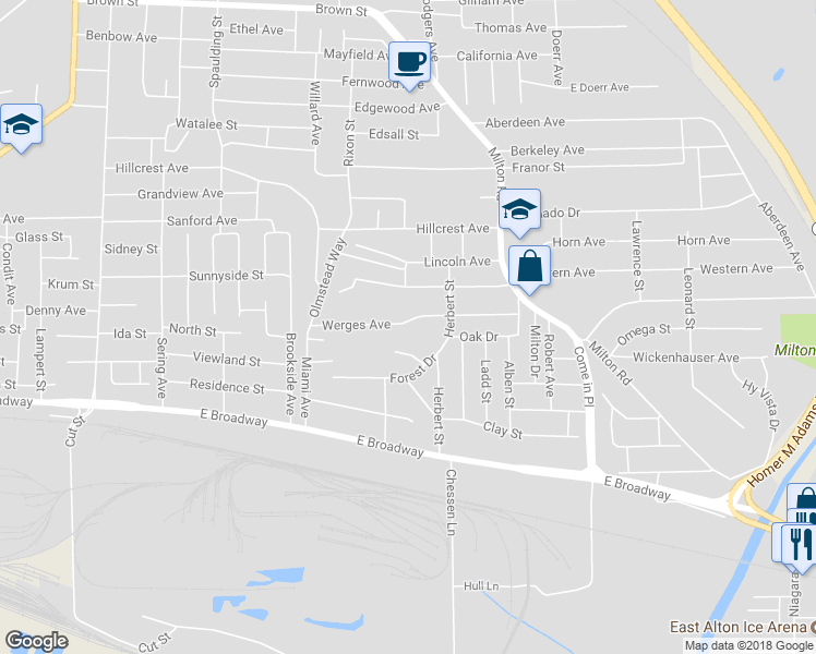 map of restaurants, bars, coffee shops, grocery stores, and more near 3305 Leo Street in Alton