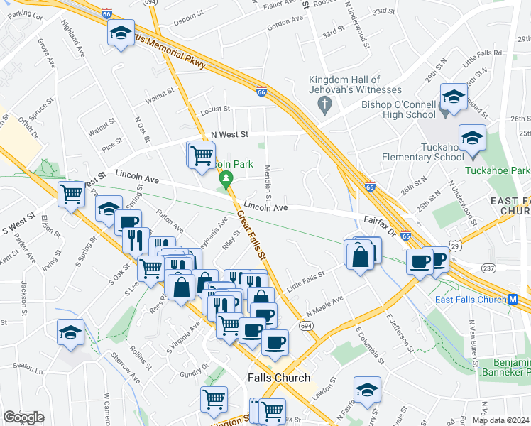 map of restaurants, bars, coffee shops, grocery stores, and more near 421 Lincoln Avenue in Falls Church