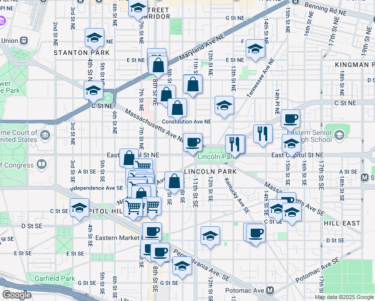 map of restaurants, bars, coffee shops, grocery stores, and more near 101 Independence Avenue Southeast in Washington