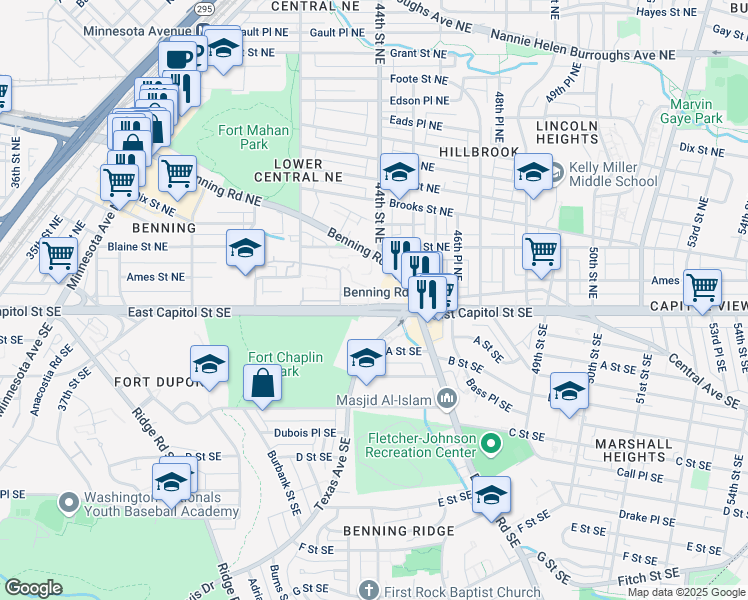 map of restaurants, bars, coffee shops, grocery stores, and more near 4270 East Capitol Street Northeast in Washington