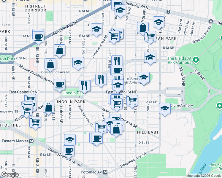 map of restaurants, bars, coffee shops, grocery stores, and more near 101 Independence Avenue Southeast in Washington