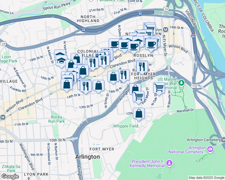 map of restaurants, bars, coffee shops, grocery stores, and more near 1811 14th Street North in Arlington