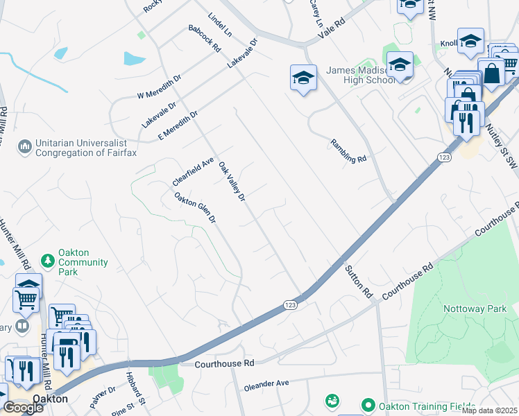 map of restaurants, bars, coffee shops, grocery stores, and more near 9912 Rustic Rail Lane in Vienna