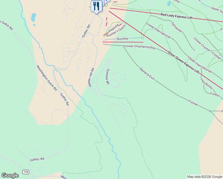 map of restaurants, bars, coffee shops, grocery stores, and more near Summit Road in Gunnison