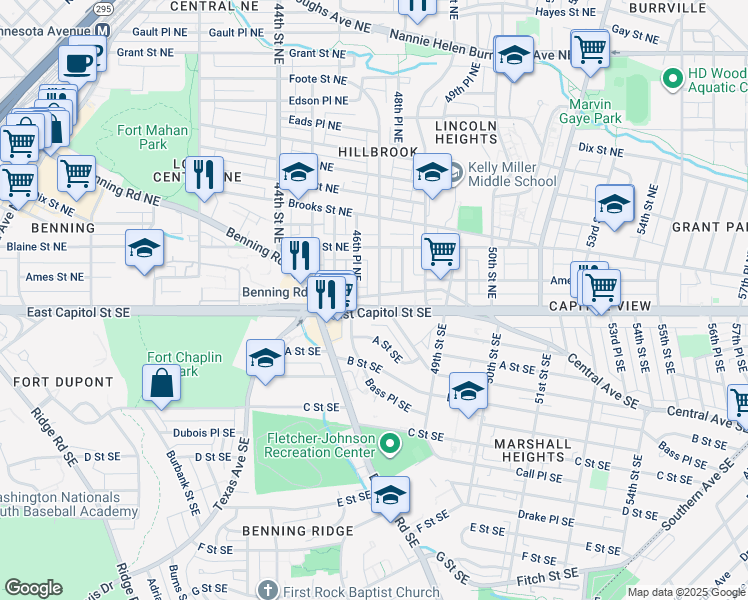 map of restaurants, bars, coffee shops, grocery stores, and more near 4 47th Street Northeast in Washington