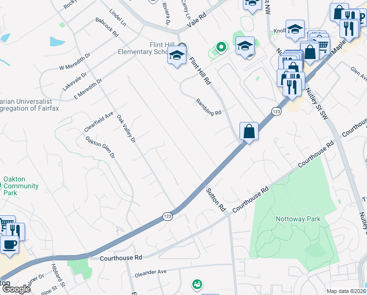 map of restaurants, bars, coffee shops, grocery stores, and more near 2627 Five Oaks Road in Vienna