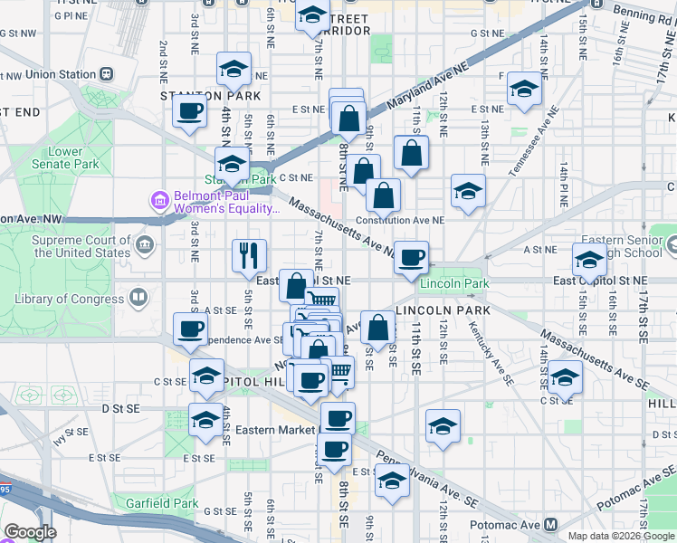 map of restaurants, bars, coffee shops, grocery stores, and more near 101 Independence Avenue Southeast in Washington