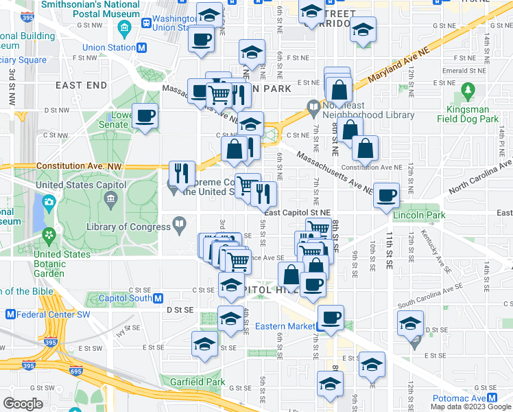 map of restaurants, bars, coffee shops, grocery stores, and more near 418 East Capitol Street Northeast in Washington