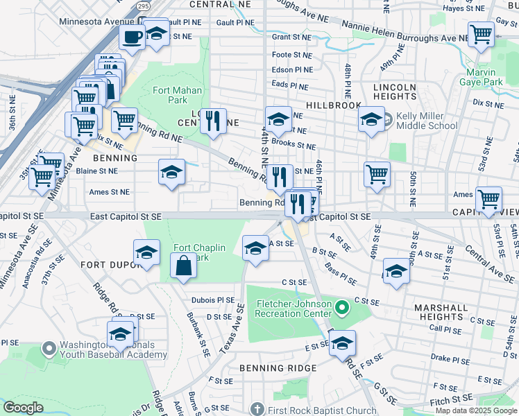 map of restaurants, bars, coffee shops, grocery stores, and more near 4270 East Capitol Street Northeast in Washington