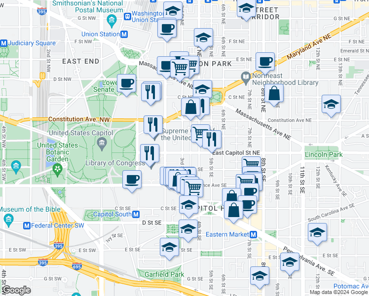 map of restaurants, bars, coffee shops, grocery stores, and more near 101 Independence Avenue Southeast in Washington