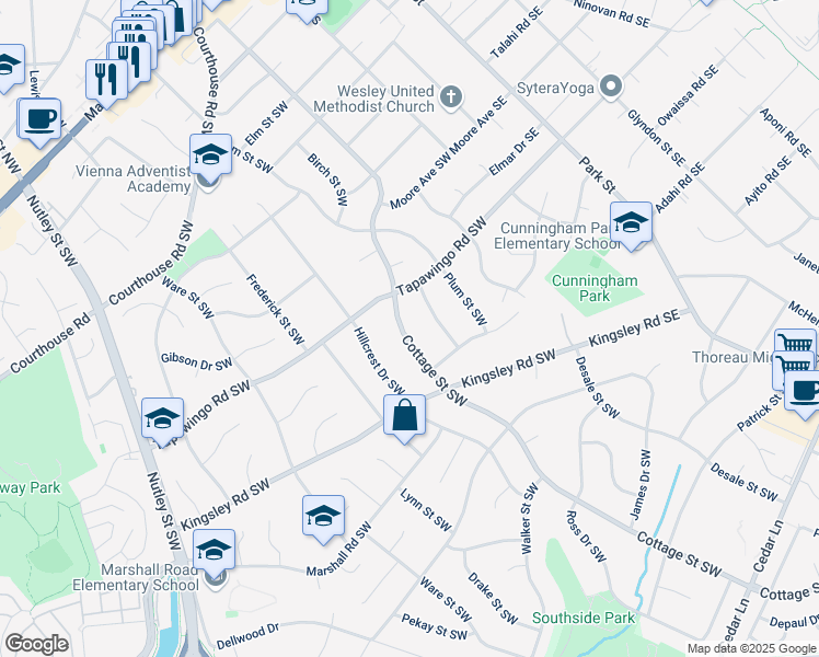 map of restaurants, bars, coffee shops, grocery stores, and more near 909 Cottage Street Southwest in Vienna
