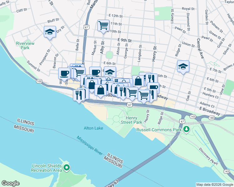 map of restaurants, bars, coffee shops, grocery stores, and more near 315 East 3rd Street in Alton