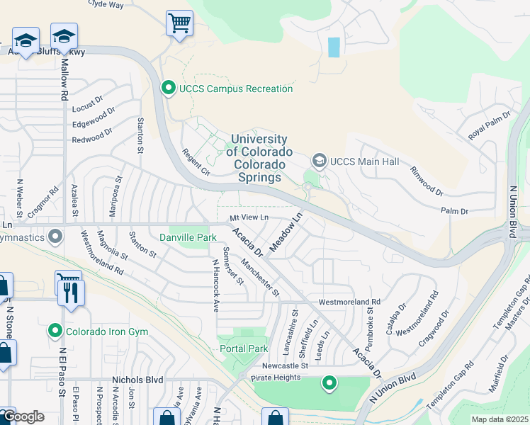 map of restaurants, bars, coffee shops, grocery stores, and more near 1236 Mount View Lane in Colorado Springs