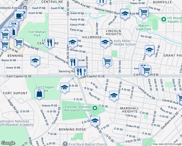map of restaurants, bars, coffee shops, grocery stores, and more near 4 47th Street Northeast in Washington