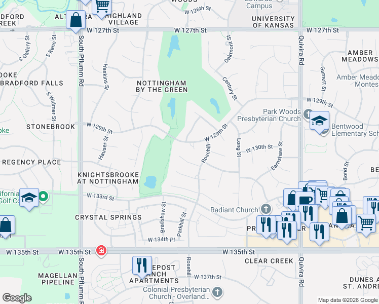 map of restaurants, bars, coffee shops, grocery stores, and more near 12801 West 129th Street in Overland Park