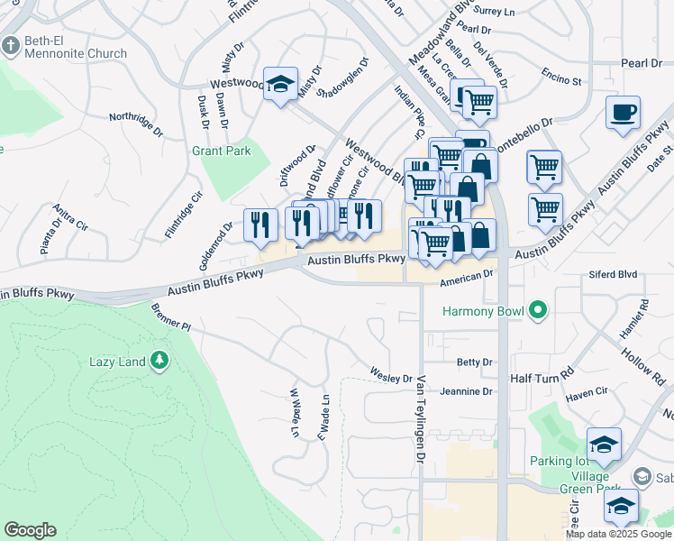 map of restaurants, bars, coffee shops, grocery stores, and more near 3335 Austin Bluffs Parkway in Colorado Springs