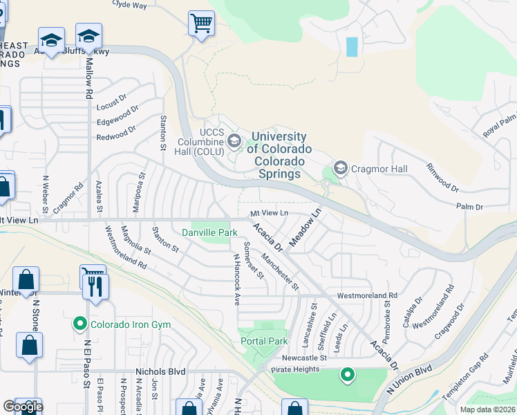 map of restaurants, bars, coffee shops, grocery stores, and more near 1214 Mount View Lane in Colorado Springs