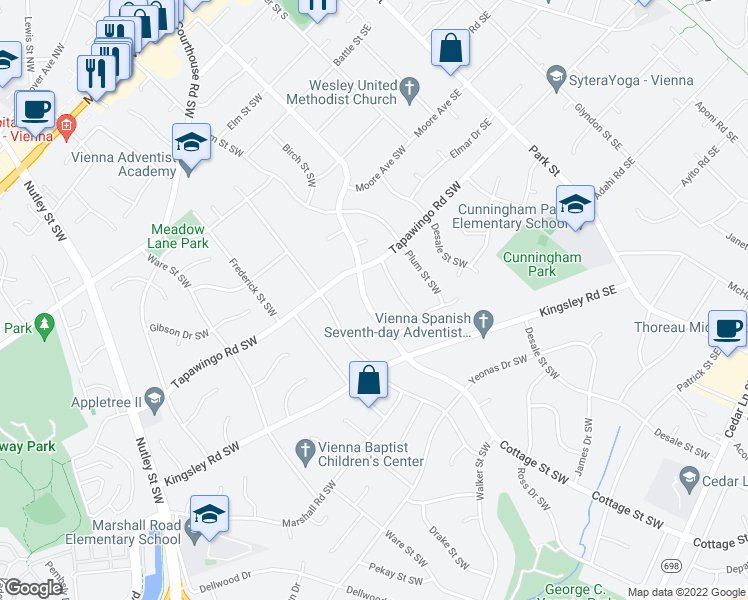 map of restaurants, bars, coffee shops, grocery stores, and more near 909 Cottage Street Southwest in Vienna