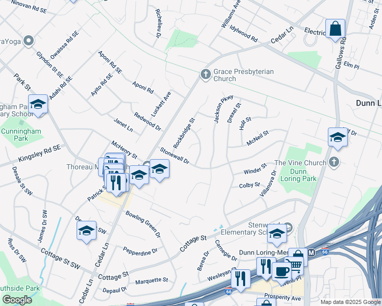 map of restaurants, bars, coffee shops, grocery stores, and more near 8415 Manassas Circle in Vienna
