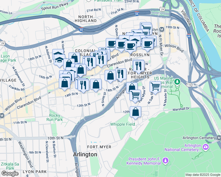 map of restaurants, bars, coffee shops, grocery stores, and more near 1811 14th Street North in Arlington