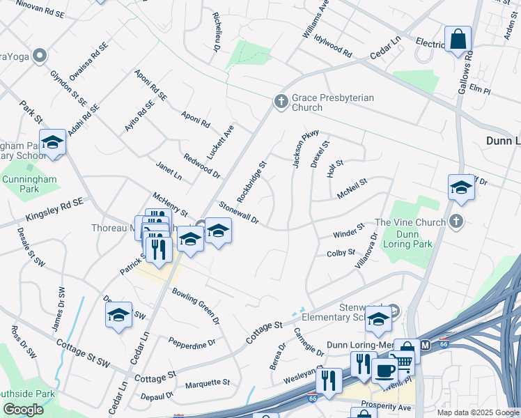 map of restaurants, bars, coffee shops, grocery stores, and more near 8415 Manassas Circle in Vienna