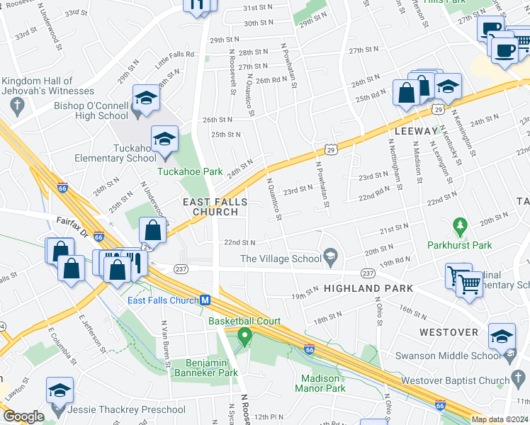map of restaurants, bars, coffee shops, grocery stores, and more near 6301 23rd Street North in Arlington