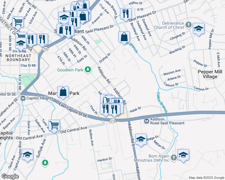 map of restaurants, bars, coffee shops, grocery stores, and more near 6207 Addison Road in Capitol Heights