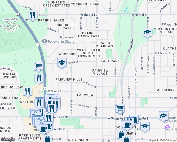 map of restaurants, bars, coffee shops, grocery stores, and more near 615 North Lincoln Street in Olathe