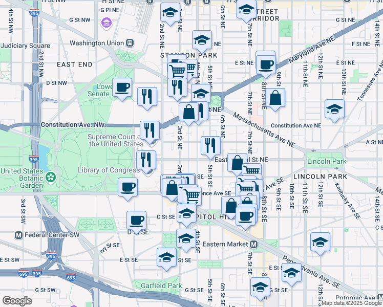 map of restaurants, bars, coffee shops, grocery stores, and more near 101 Independence Avenue Southeast in Washington
