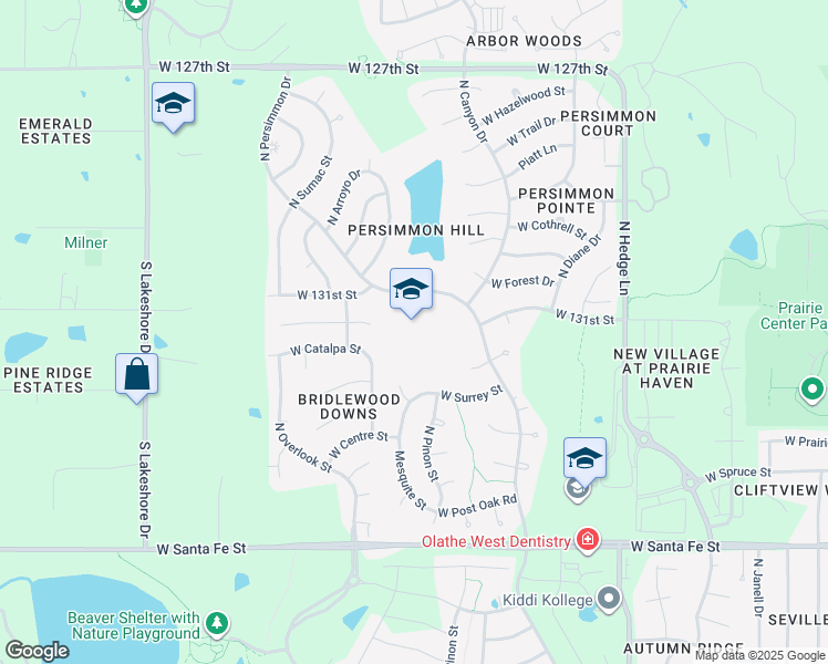 map of restaurants, bars, coffee shops, grocery stores, and more near 629 North Persimmon Drive in Olathe