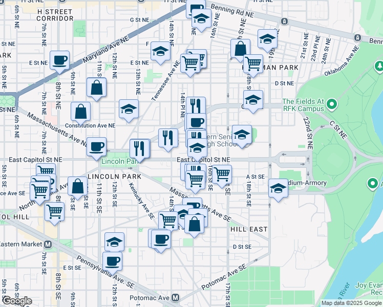 map of restaurants, bars, coffee shops, grocery stores, and more near 36 15th Street Northeast in Washington