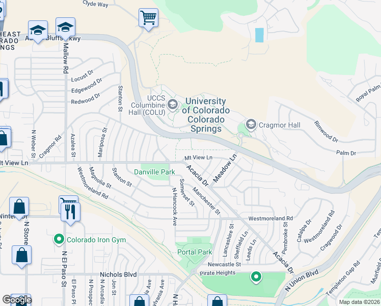 map of restaurants, bars, coffee shops, grocery stores, and more near 1214 Mount View Lane in Colorado Springs