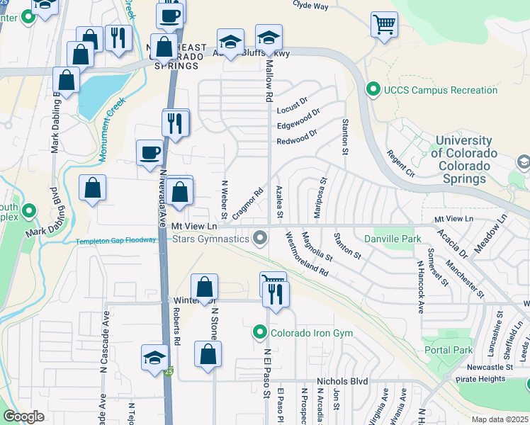 map of restaurants, bars, coffee shops, grocery stores, and more near 3916 Azalea Street in Colorado Springs