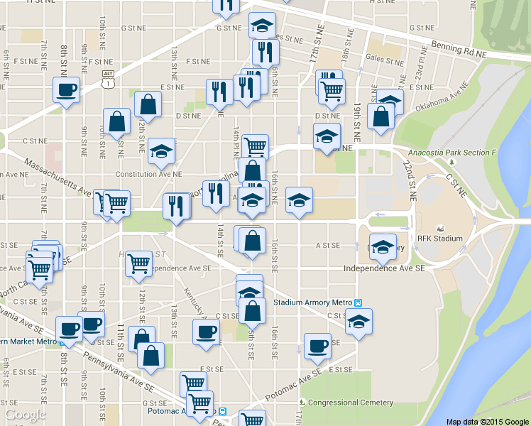 map of restaurants, bars, coffee shops, grocery stores, and more near 101 Independence Avenue Southeast in Washington