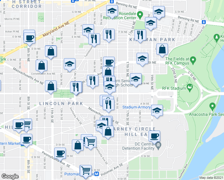 map of restaurants, bars, coffee shops, grocery stores, and more near 101 Independence Avenue Southeast in Washington
