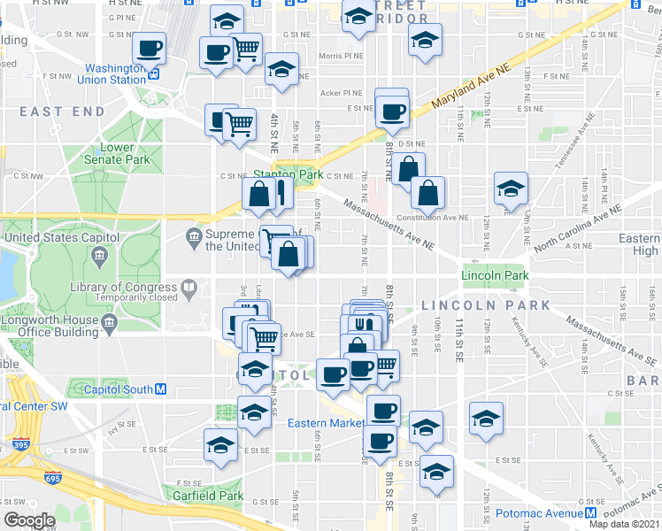 map of restaurants, bars, coffee shops, grocery stores, and more near 101 Independence Avenue Southeast in Washington