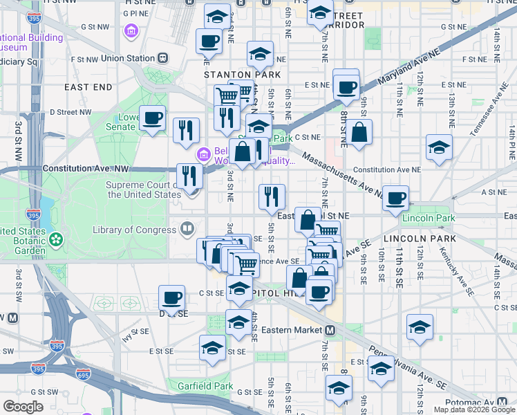 map of restaurants, bars, coffee shops, grocery stores, and more near 101 Independence Avenue Southeast in Washington