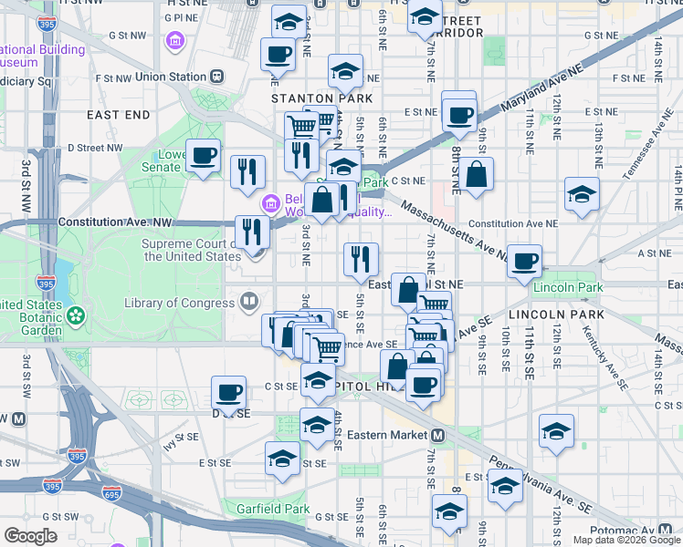 map of restaurants, bars, coffee shops, grocery stores, and more near 101 Independence Avenue Southeast in Washington