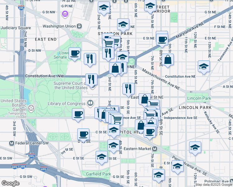 map of restaurants, bars, coffee shops, grocery stores, and more near 101 Independence Avenue Southeast in Washington