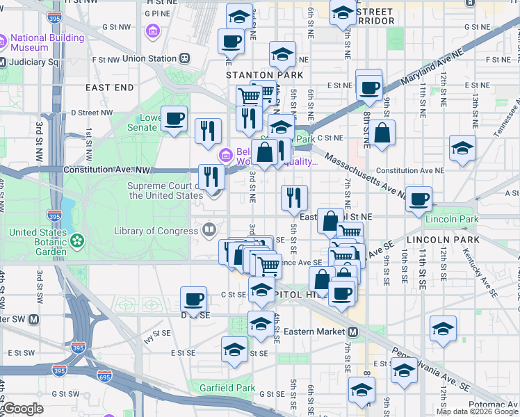 map of restaurants, bars, coffee shops, grocery stores, and more near 101 Independence Avenue Southeast in Washington