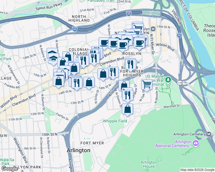 map of restaurants, bars, coffee shops, grocery stores, and more near 101 Independence Avenue Southeast in Washington