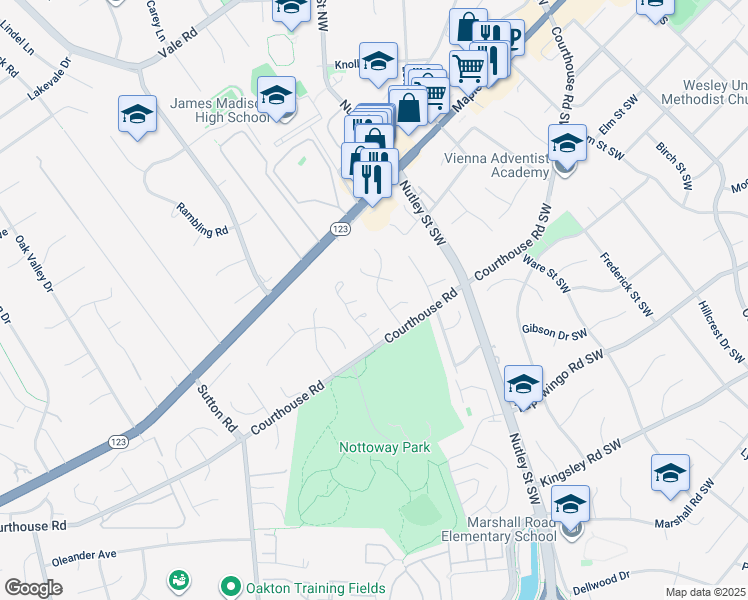 map of restaurants, bars, coffee shops, grocery stores, and more near 215 Apple Blossom Court in Vienna