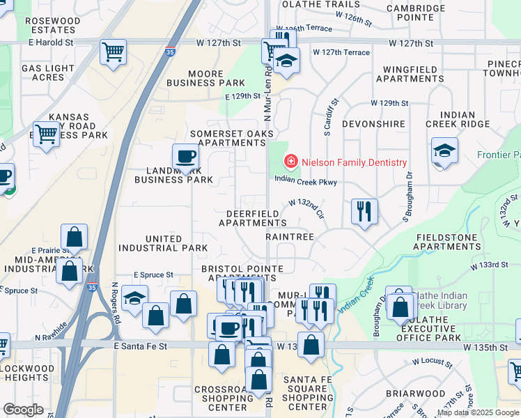 map of restaurants, bars, coffee shops, grocery stores, and more near 561 North Mur-Len Road in Olathe