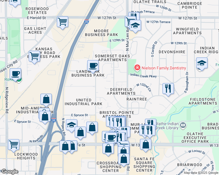 map of restaurants, bars, coffee shops, grocery stores, and more near 597 North Somerset Terrace in Olathe