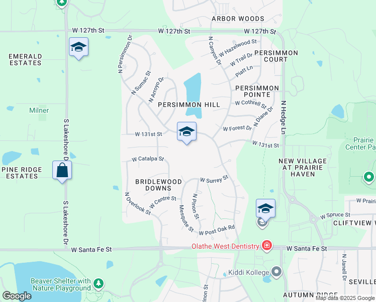 map of restaurants, bars, coffee shops, grocery stores, and more near 629 North Persimmon Drive in Olathe
