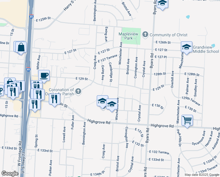 map of restaurants, bars, coffee shops, grocery stores, and more near 6901 East 129 Street in Grandview