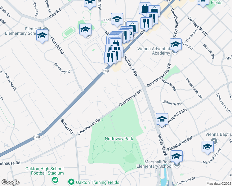 map of restaurants, bars, coffee shops, grocery stores, and more near 215 Apple Blossom Court in Vienna